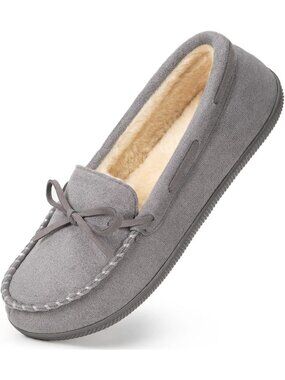 Women's Gray Suede Home Top Moccasin Slippers Faux Fur Lined Bow Loafers